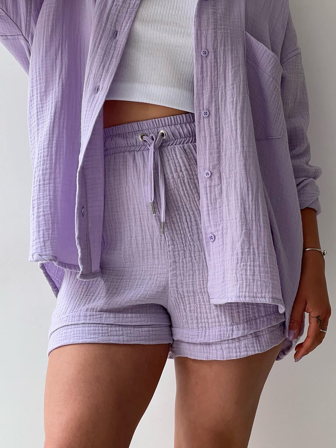 Texture Button Up Shirt and Drawstring Shorts Set Trandify deal