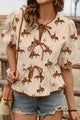 Women’s Horse Print Peplum Blouse with Tie-Front Detail – Boho Chic Ruffled Sleeve Top