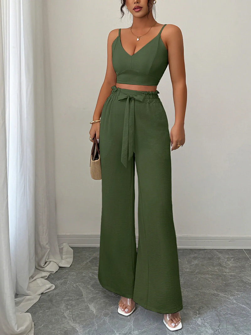 Women’s V-Neck Cami and Wide-Leg Pants Set – Boho Chic Summer Outfit
