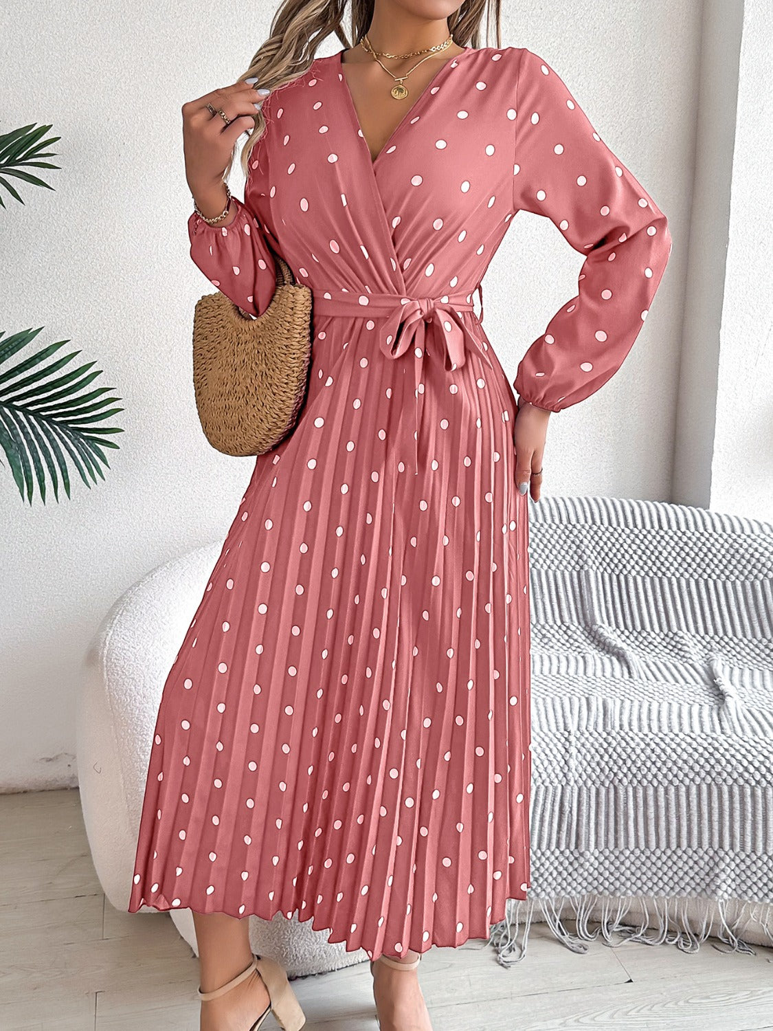 Tied Polka Dot Long Sleeve Midi Dress Trandify deal