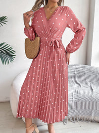 Tied Polka Dot Long Sleeve Midi Dress Trandify deal