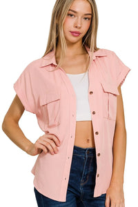 Women’s Tencel V-Neck Collared Top with Front Pockets – Trendy Casual Blouse for USA Women – TrandifyDeal