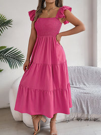 Smocked Square Neck Cap Sleeve Midi Dress Trandify deal