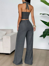 Trendy Two-Piece Lounge Set for Women – Adjustable Halter Top & Wide-Leg Pants