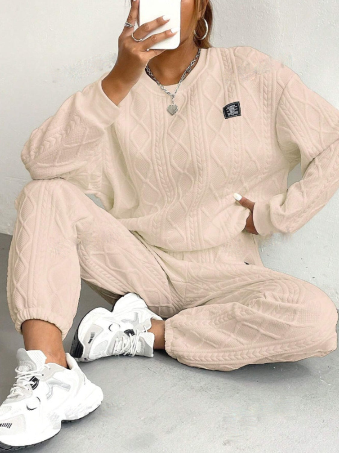 Texture Round Neck Long Sleeve Top and Pants Set Trandify Deal