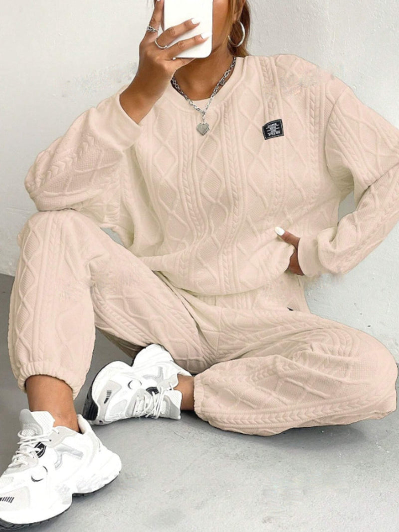 Texture Round Neck Long Sleeve Top and Pants Set Trandify Deal