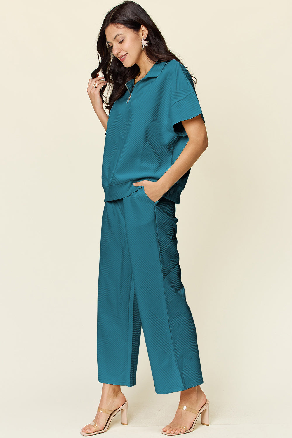 Double Take Full Size Texture Half Zip Short Sleeve Top and Pants Set - Trandify Deal