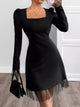 Black Square Neck Puff Sleeve Dress with Mesh Ruffle Hem