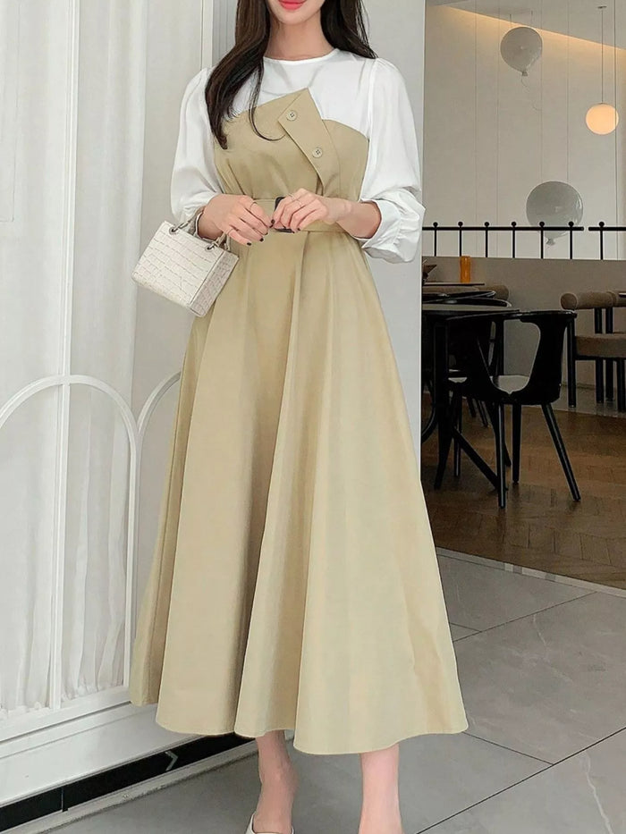 Women's Contrast Long Sleeve Midi Dress with Belt