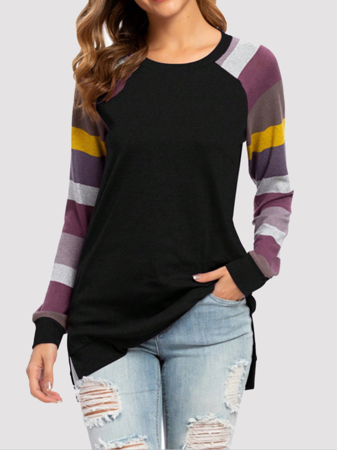 Color Block Round Neck Long Sleeve T-Shirt Trandify Deal