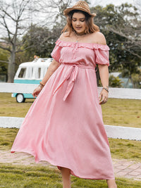 Plus Size Plaid Off-Shoulder Short Sleeve Midi Dress Trandify deal