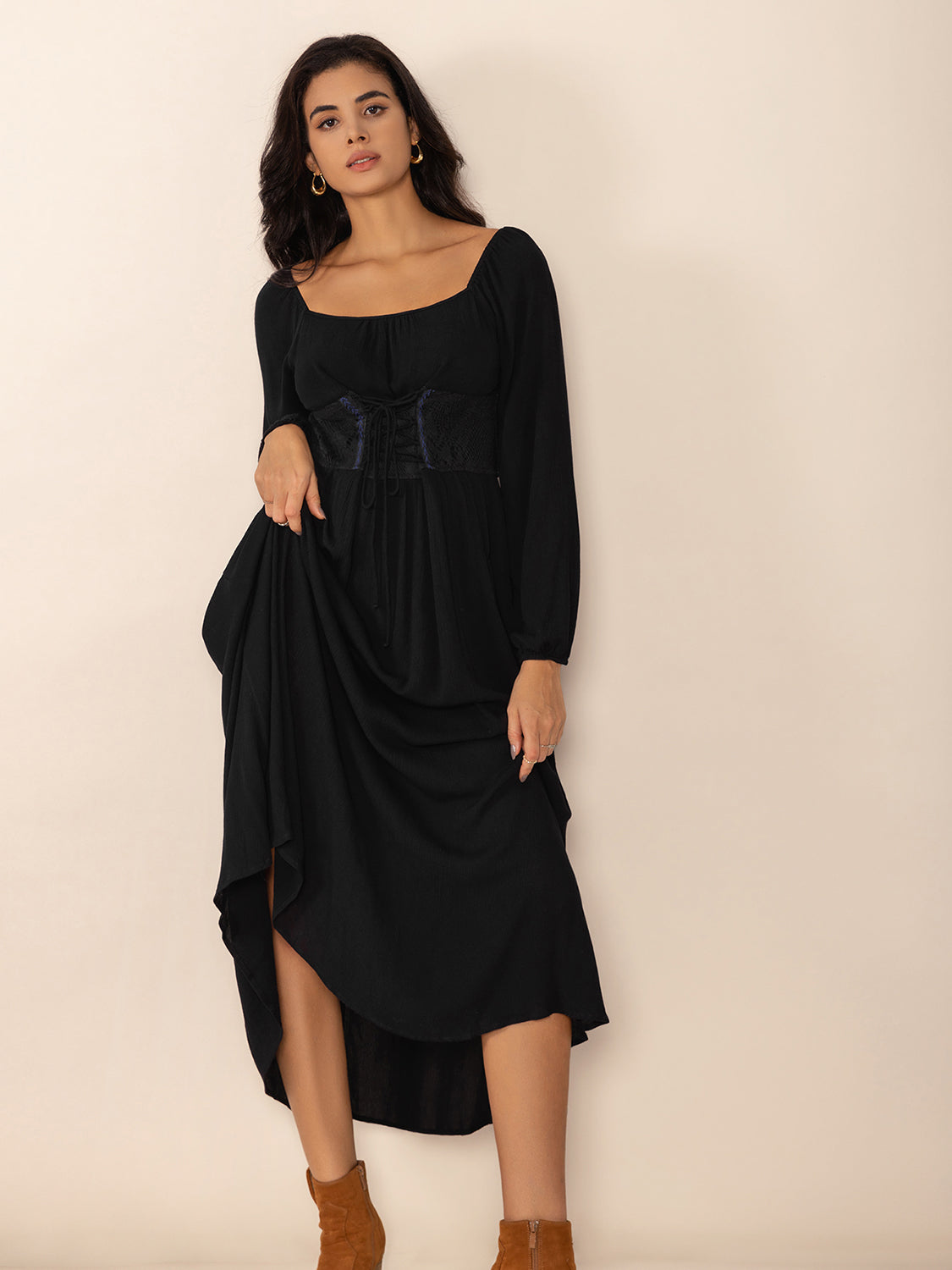 Lace-Up Square Neck Long Sleeve Midi Dress Trandify deal