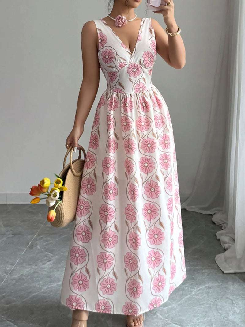 Floral Print Tie Back Maxi Dress – Women’s Boho Summer Long Sleeve Dress