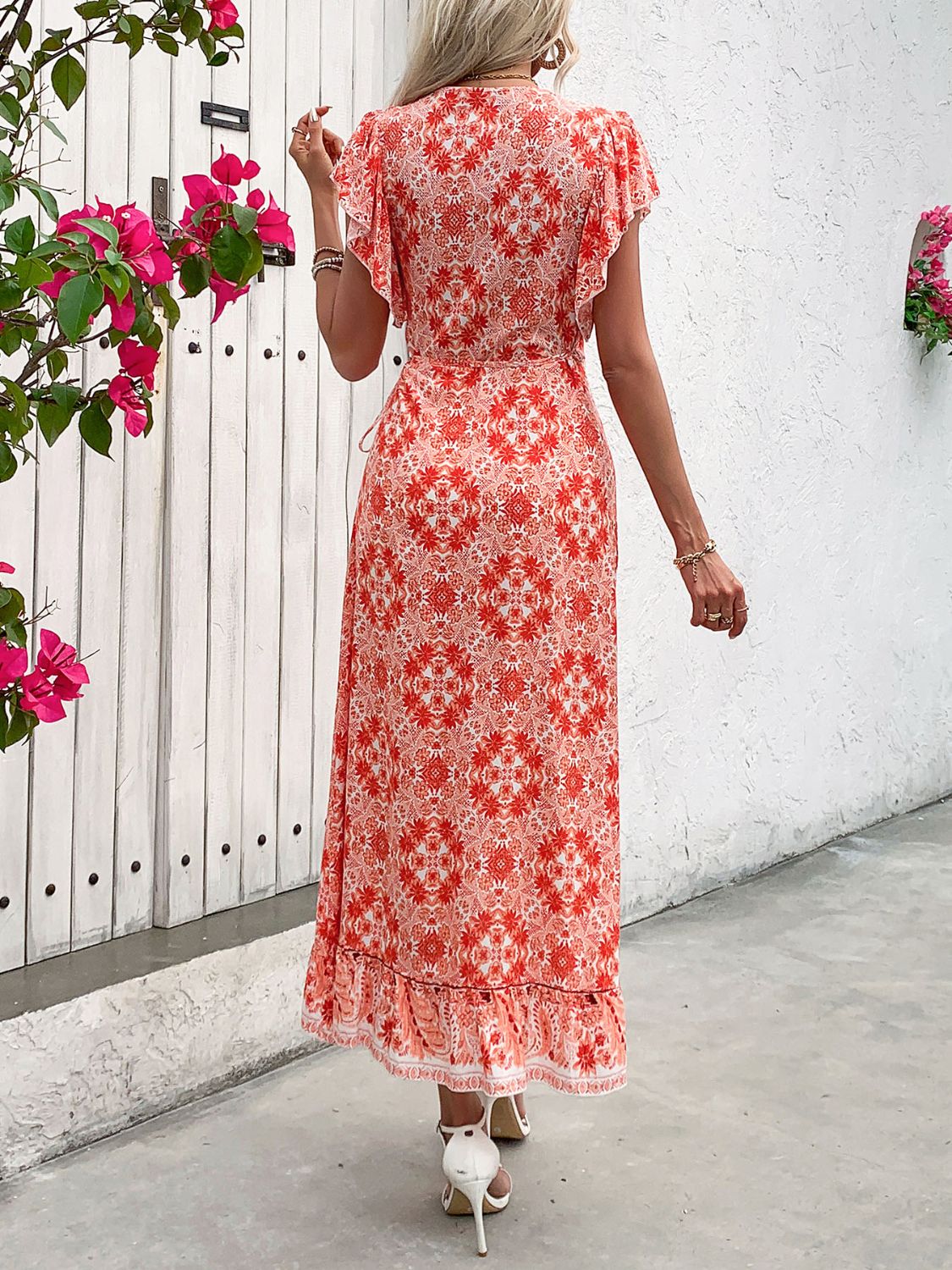Perfee Ruffled High-Low Printed Short Sleeve Midi Dress Trandify deal