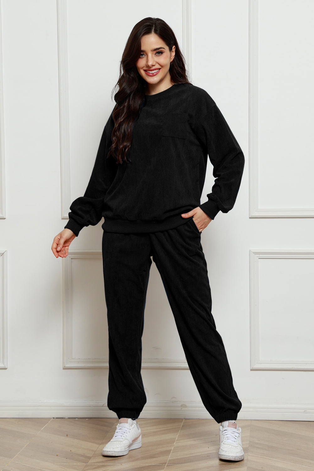 Corduroy Round Neck Sweatshirt and Sweatpants Set Trandify Deal