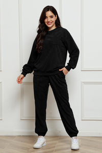 Corduroy Round Neck Sweatshirt and Sweatpants Set Trandify Deal