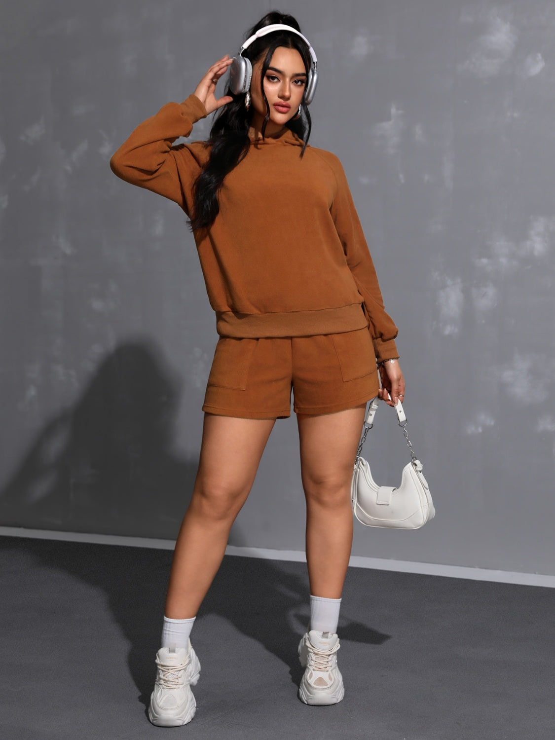 Long Sleeve Hoodie and Pocketed Shorts Set Trandify Deal