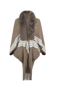 Striped Fringe Detail Long Sleeve Poncho Trandify deal
