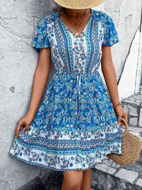 Perfee Printed V-Neck Flutter Sleeve Mini Dress Trandify deal