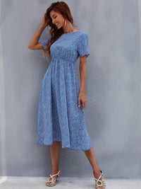 Printed Round Neck Short Sleeve Midi Dress Trandify Deal