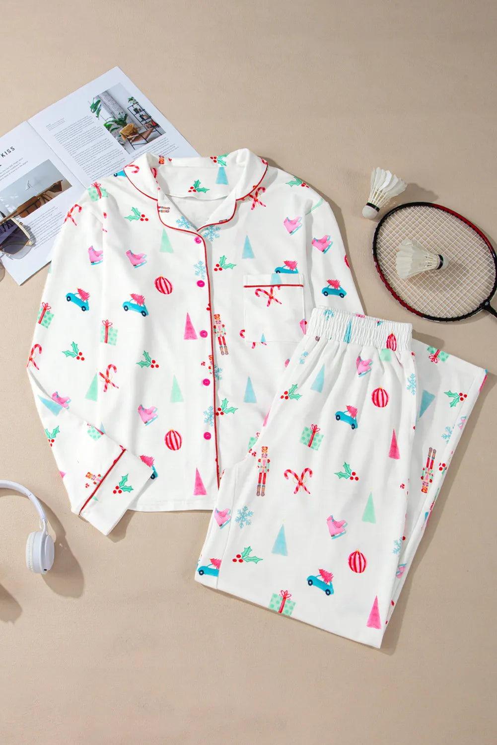 Printed Collared Neck Long Sleeve Top and Pants Lounge Set Trandify Deal
