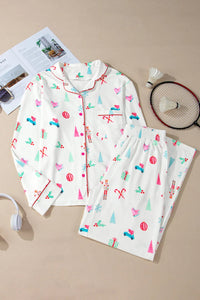 Printed Collared Neck Long Sleeve Top and Pants Lounge Set Trandify Deal