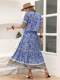 Ditsy Floral Tie Neck Top and Slit Skirt Set Trandify deal