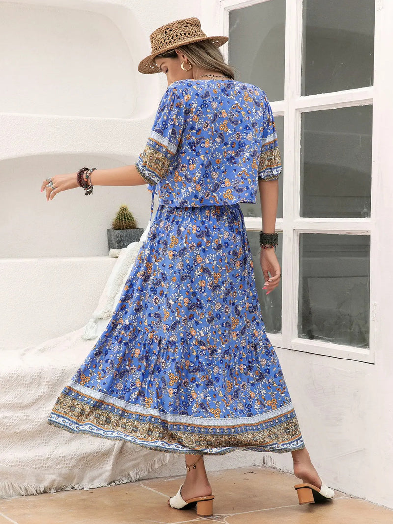 Ditsy Floral Tie Neck Top and Slit Skirt Set Trandify deal