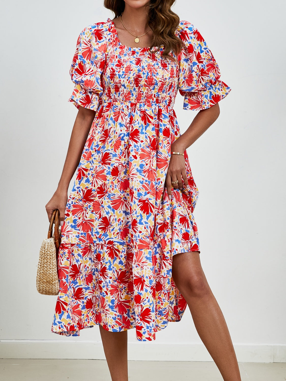 Smocked Floral Square Neck Short Sleeve Dress Trandify deal