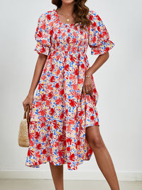 Smocked Floral Square Neck Short Sleeve Dress Trandify deal