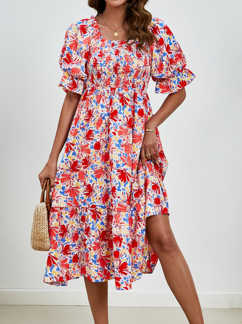 Smocked Floral Square Neck Short Sleeve Dress Trandify deal