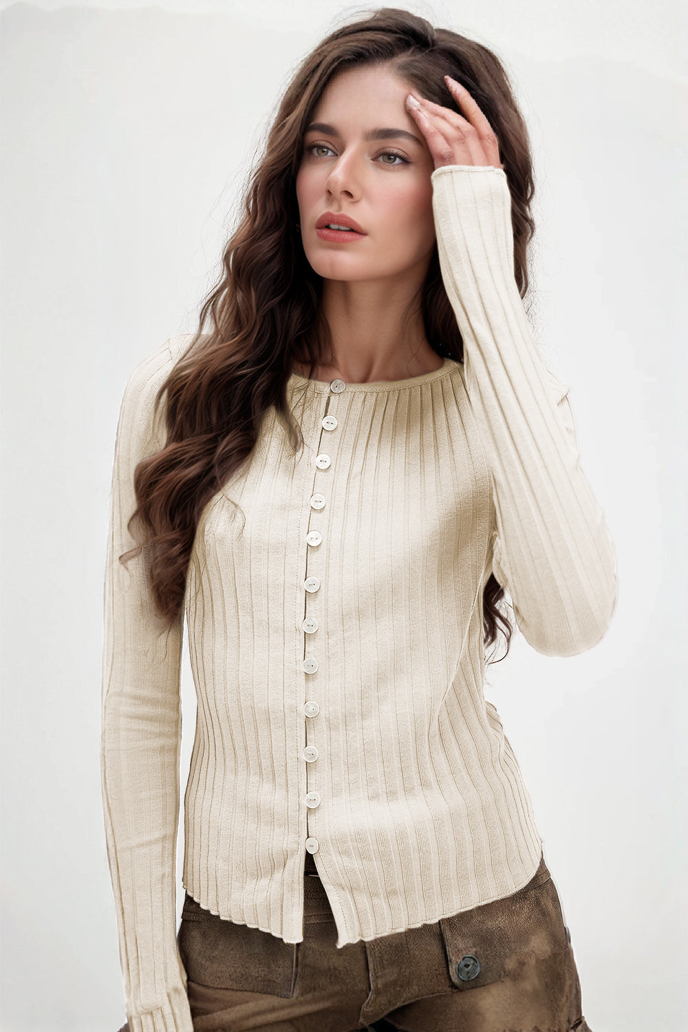 Basic Bae Texture Button Up Round Neck Long Sleeve Top Trandify Deal