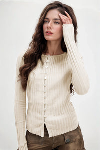 Basic Bae Texture Button Up Round Neck Long Sleeve Top Trandify Deal