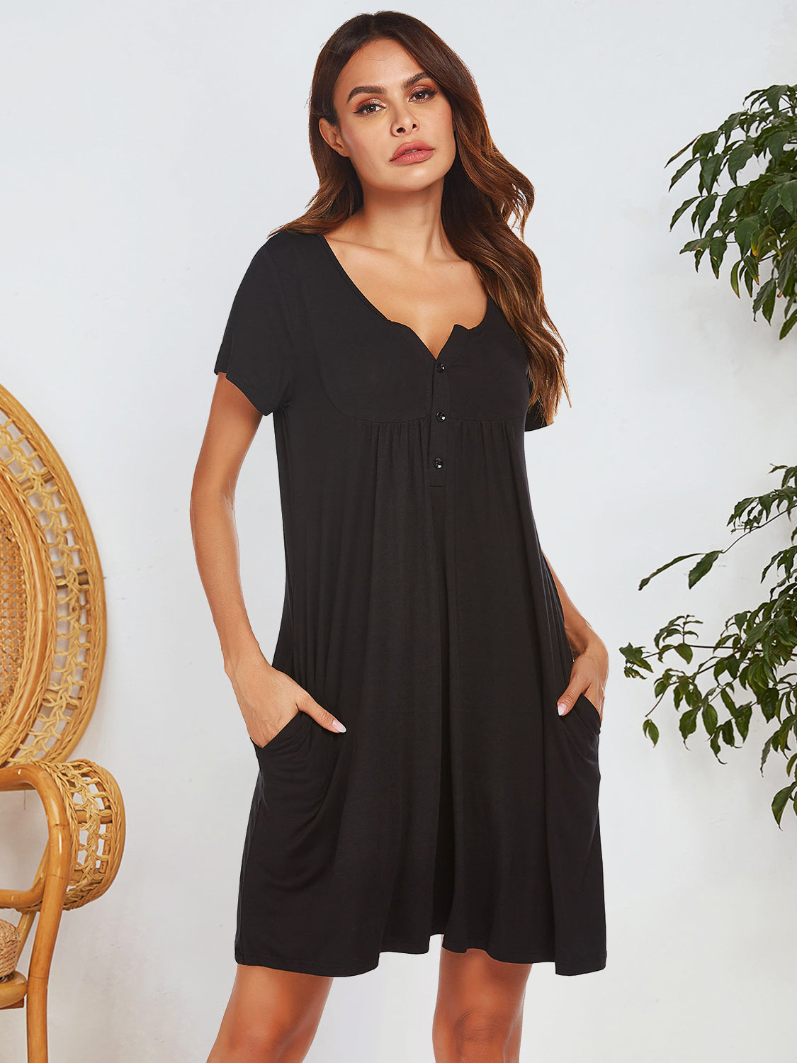 Notched Short Sleeve Mini Lounge Dress Trandify Deal