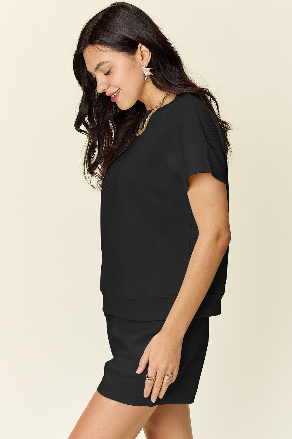 Double Take Full Size Texture Short Sleeve T-Shirt and Drawstring Shorts Set Trandify deal