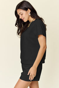 Double Take Full Size Texture Short Sleeve T-Shirt and Drawstring Shorts Set Trandify deal