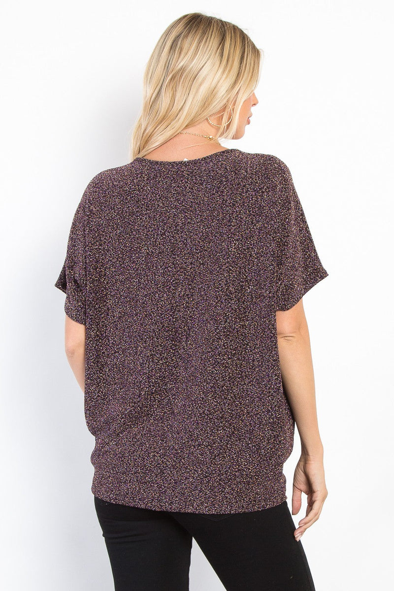 Be Stage Full Size Lurex Center Elastic Cinched Knit Top Trandify Deal
