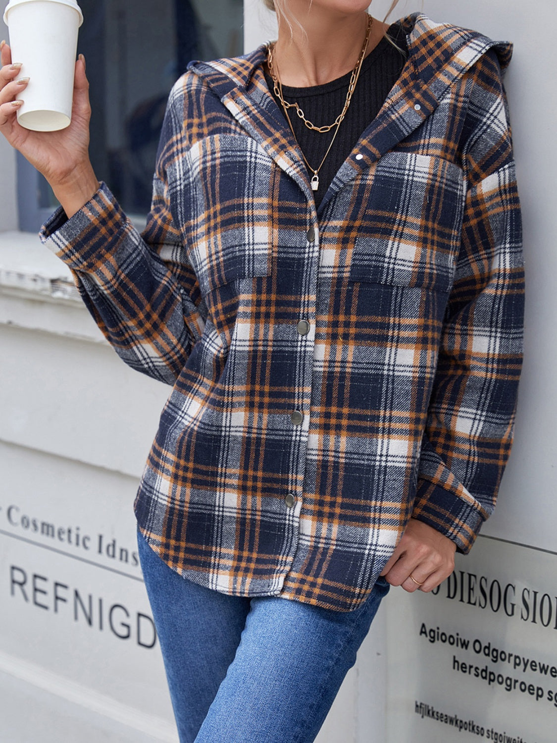 lvy Lane Plaid Button Up Long Sleeve Hooded Jacket Trandify Deal