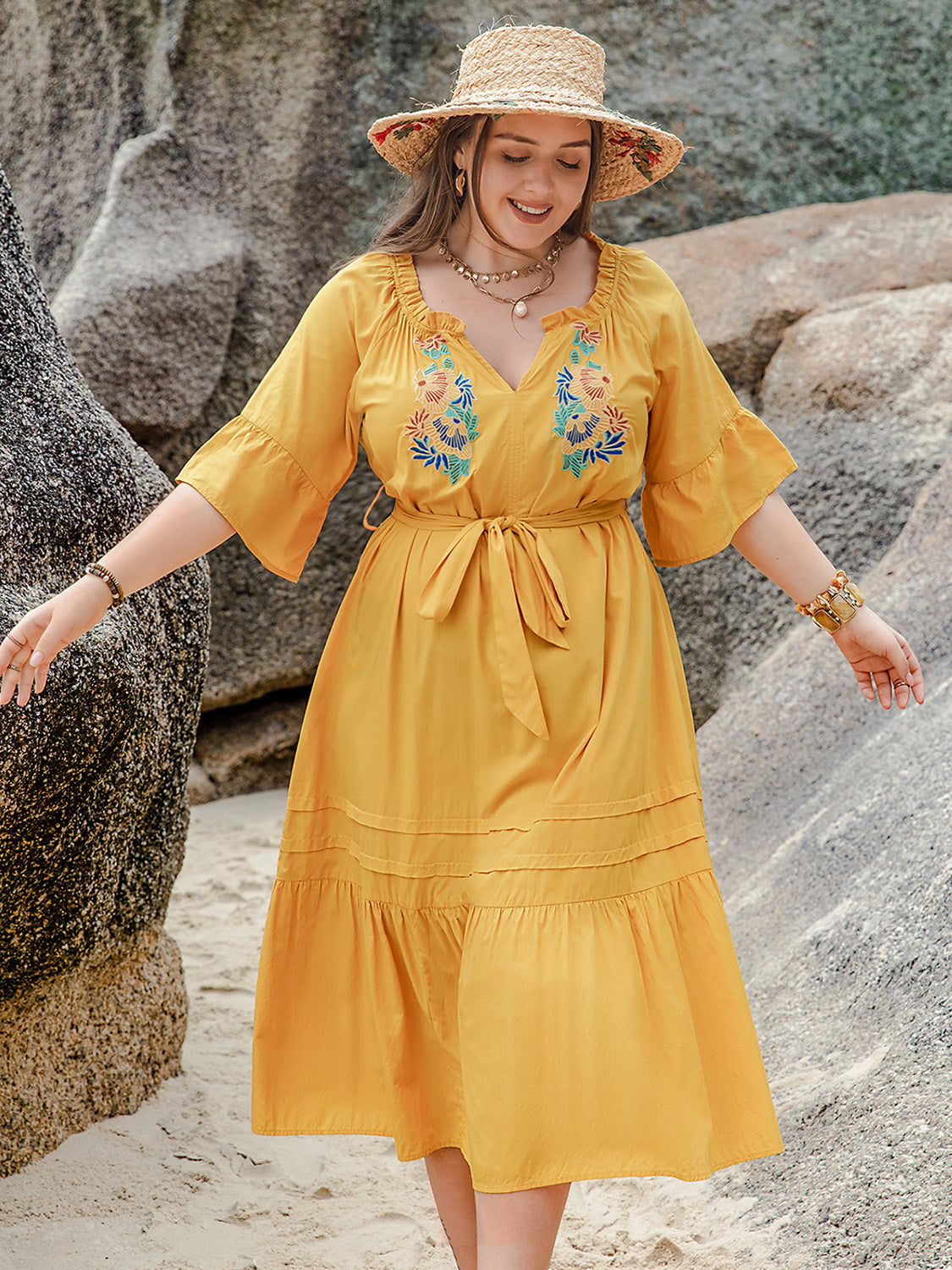 Plus Size Notched Tie Waist Half Sleeve Midi Dress Trandify deal
