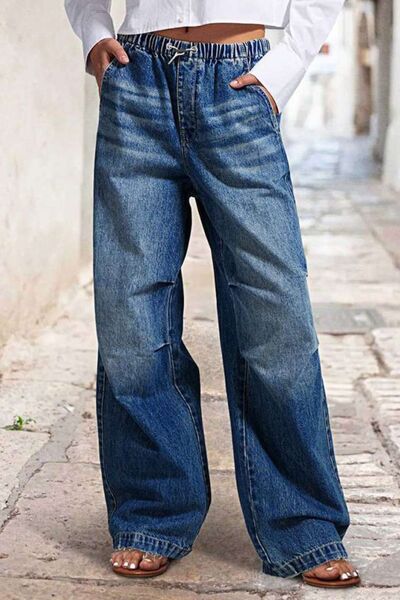 Trendy Drawstring Waist Wide Leg Shirred Jeans for Women – Trandify Deal