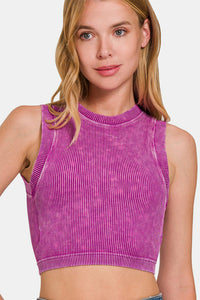 Zenana Washed Ribbed Seamless Crop Tank with Bra Pad Trandify deal