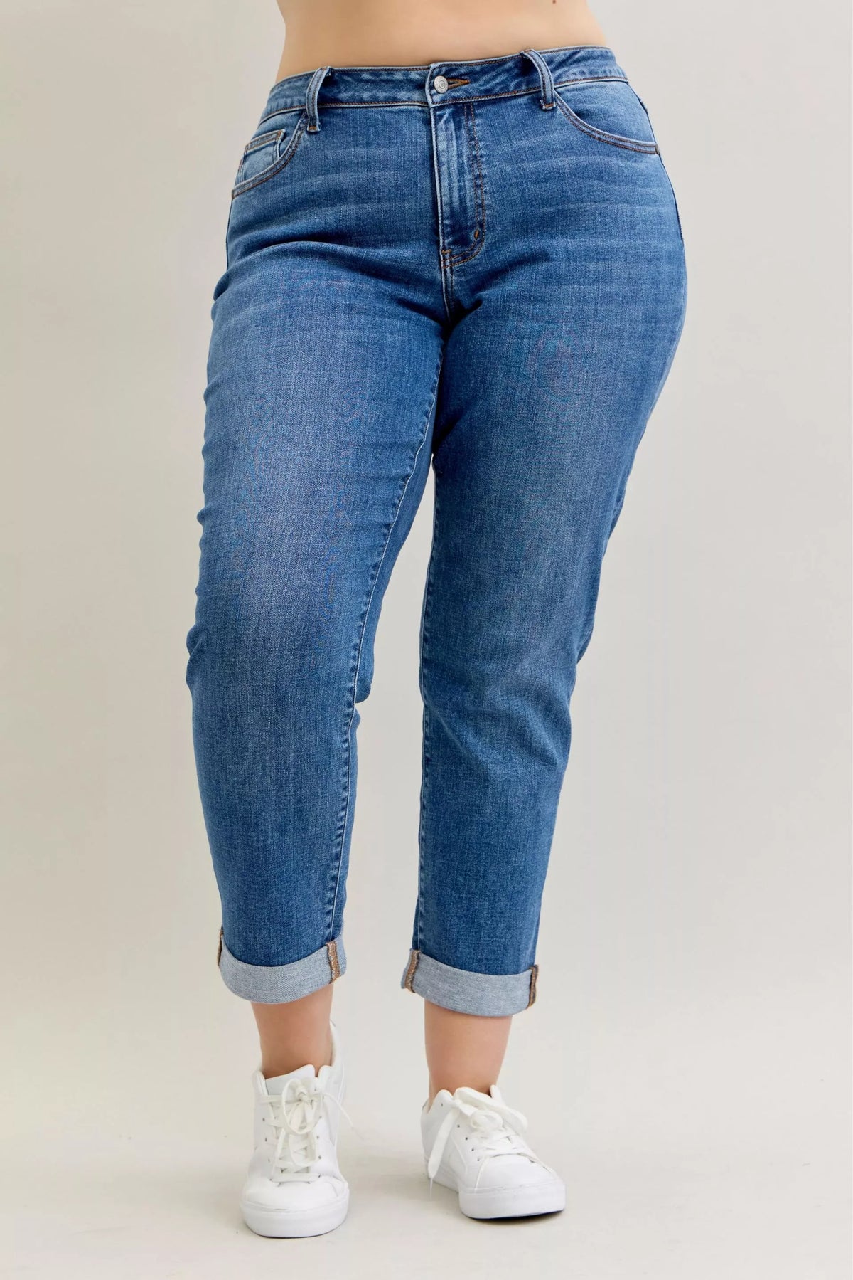 Plus Size Judy Blue Cuffed Jeans in a mid-rise, classic fit shown on a model.