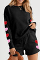 Women's heart-print round neck top and drawstring shorts set – Trendy summer loungewear – Trandifydeal