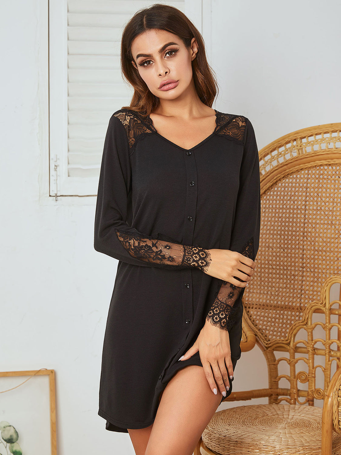Lace Detail Long Sleeve Mini Lounge Dress Trandify Deal