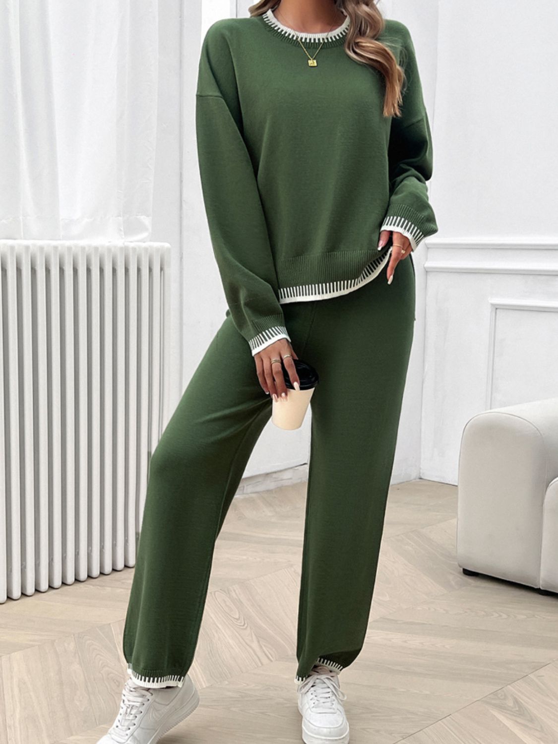 Devine Round Neck Dropped Shoulder Top and Pants Sweater Set Trandify Deal