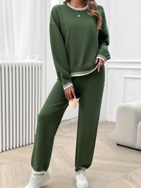 Devine Round Neck Dropped Shoulder Top and Pants Sweater Set Trandify Deal