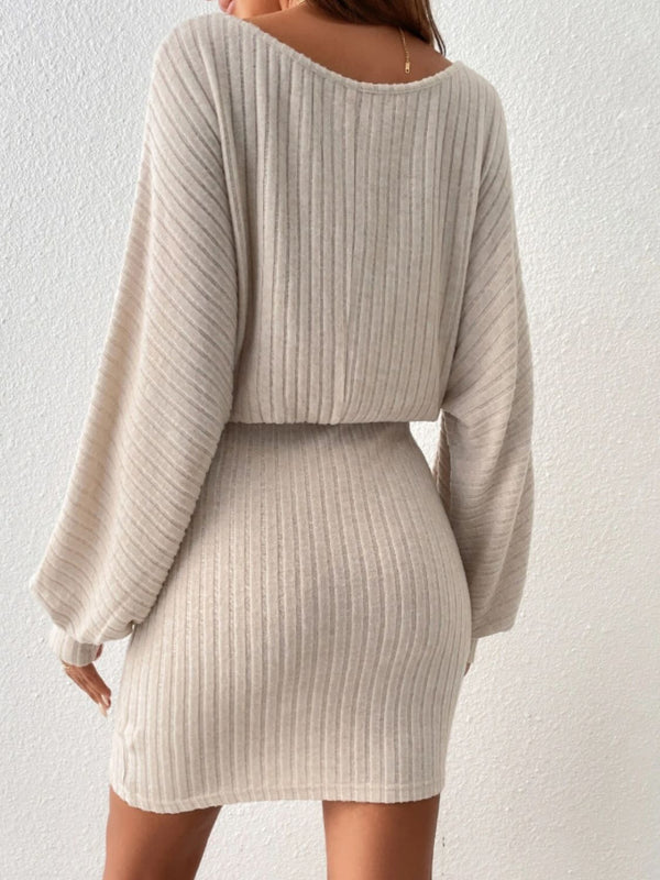 Round Neck Tie Waist Long Sleeve Mini Dress Trandify Deal