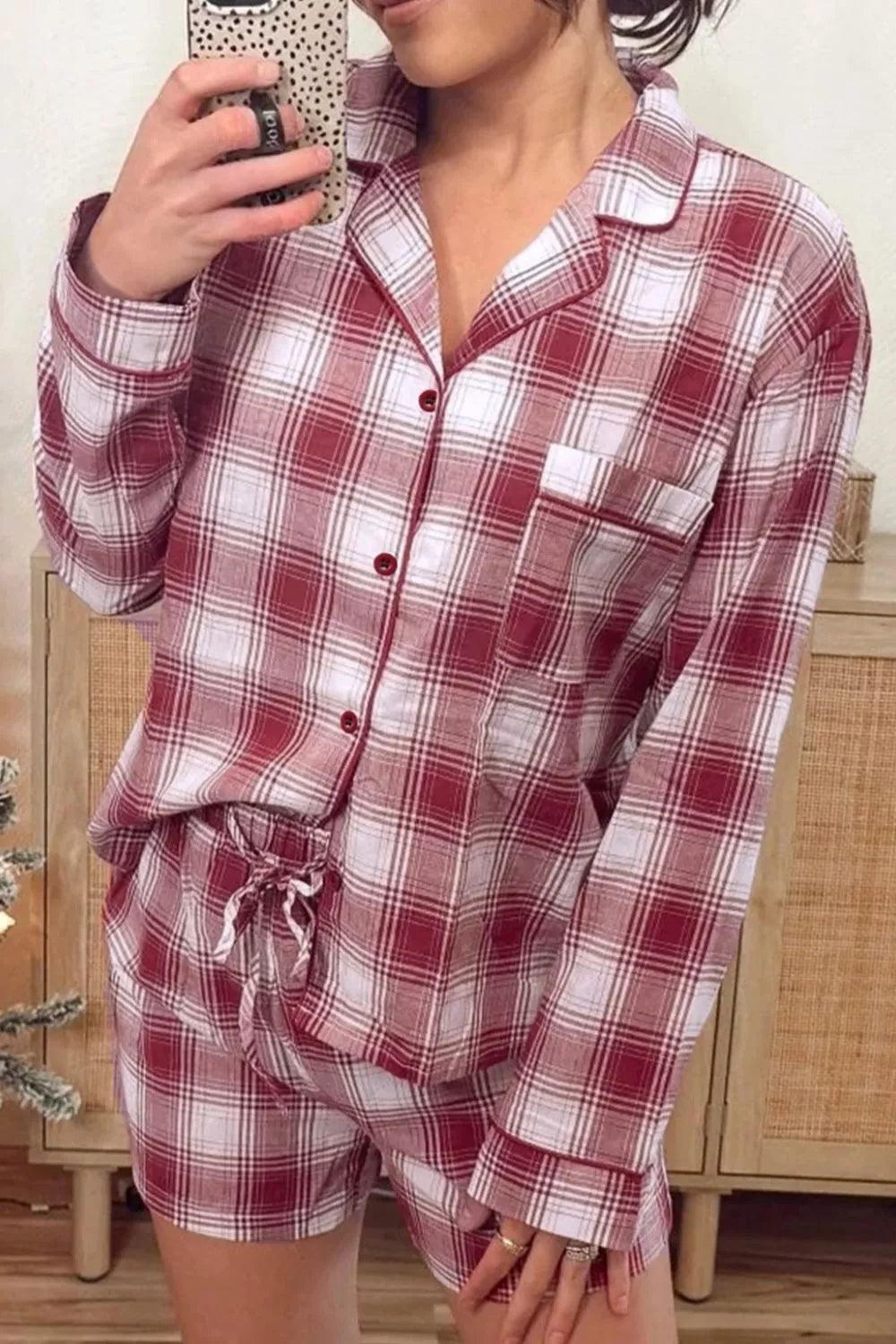 Women's Plaid Loungewear Set | Cotton Button-Down Shirt & Shorts