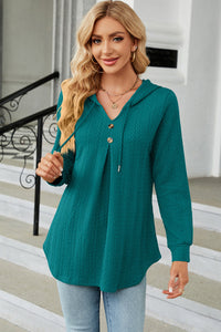 Decorative Button Drawstring Long Sleeve Hoodie Trendsi