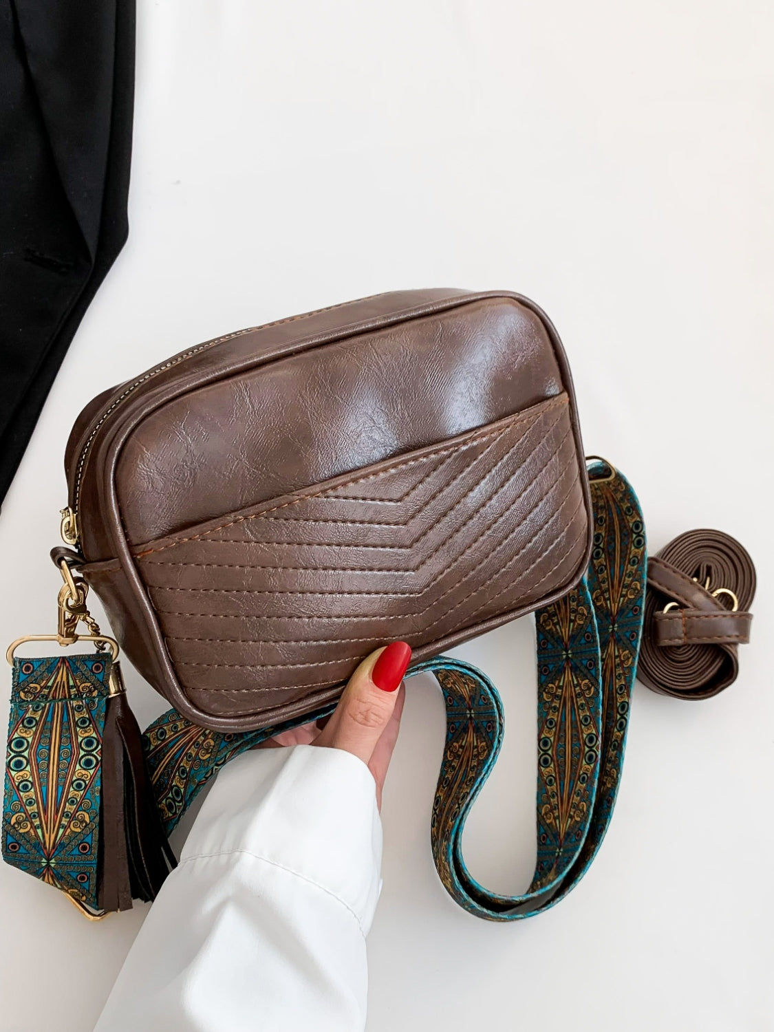 Tassel PU Leather Printed Strap Cassette Crossbody Bag Trandify Deal
